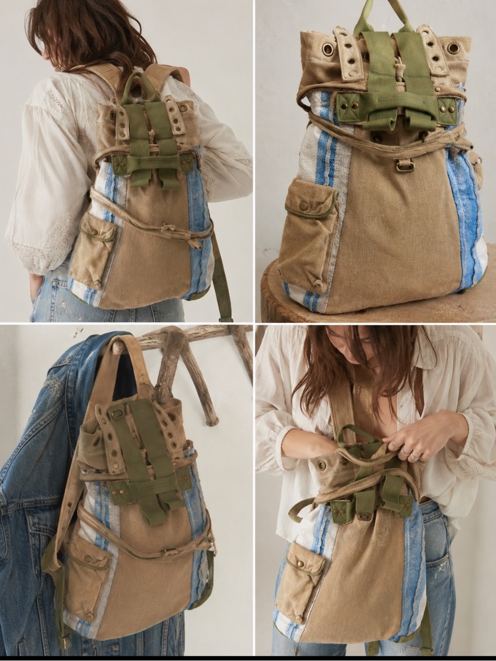 Free People We The Free Patchwork Backpack Canvas Belted Rucksack Boho Bag EUC